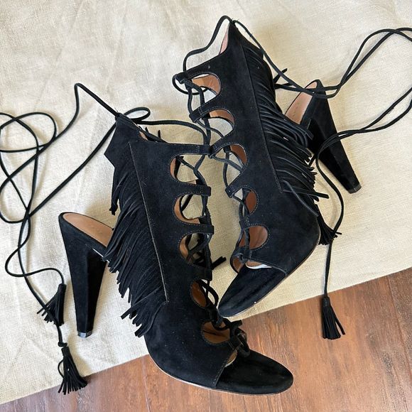 SIGERSON MORRISON Marita Black Suede Lace Up Fringe Strappy Sandals - Picture 4 of 11